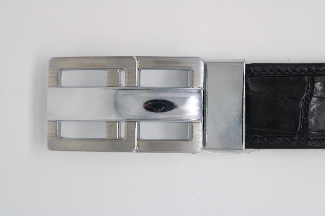 Crocodile-belly-belt-pin-buckle.jpg Silver Geometric Pin Buckle with Crocodile Belly Leather Belt – Luxury Design - Image 1