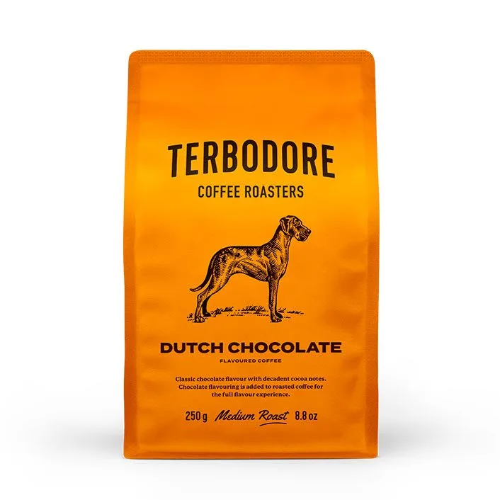 Dutch-Chocolate_250g_Front.jpg.webp Terbodore Dutch Chocolate Coffee Beans – 250g | Rich & Decadent Cocoa-Infused Blend - Image 1