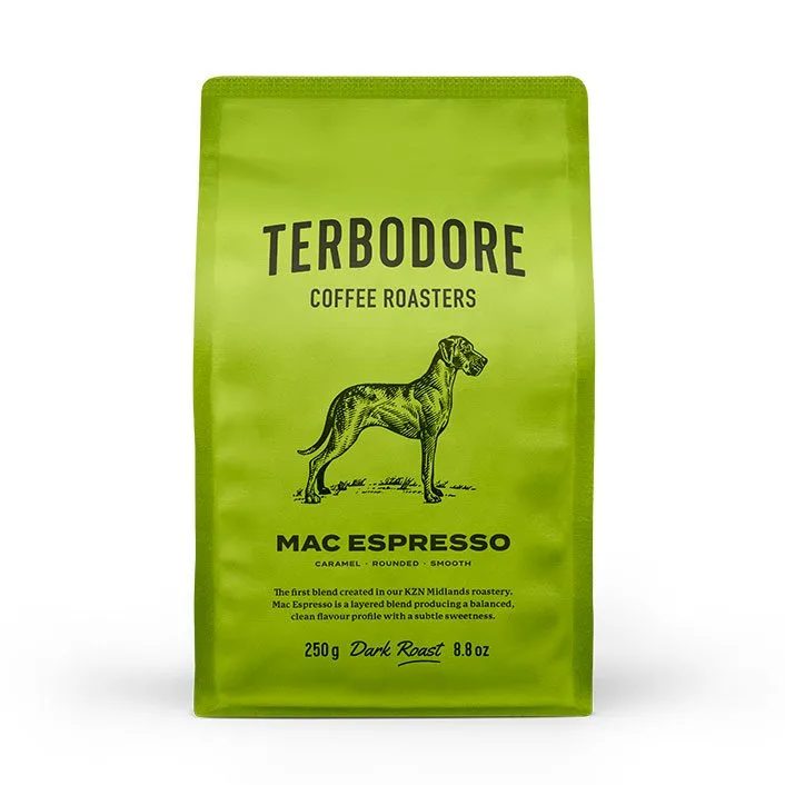 Mac-Espresso-Cake_250g_Front.jpg.webp Terbodore Mac Espresso Coffee Beans – 250g | Bold & Balanced Dark Roast - Image 1