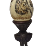 Hand-Carved Ostrich Egg with Wooden Stand – Unique Decor